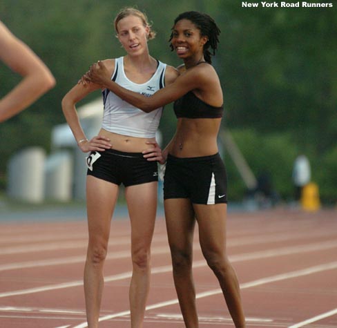 Amonica Phipps gives Sascha Scott a hug before the race.