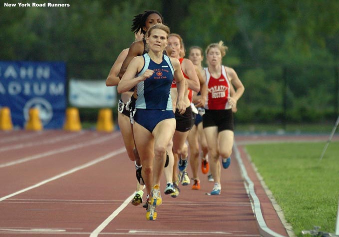 Kate Irvin of the Central Park Track Club sets the pace on the first lap.