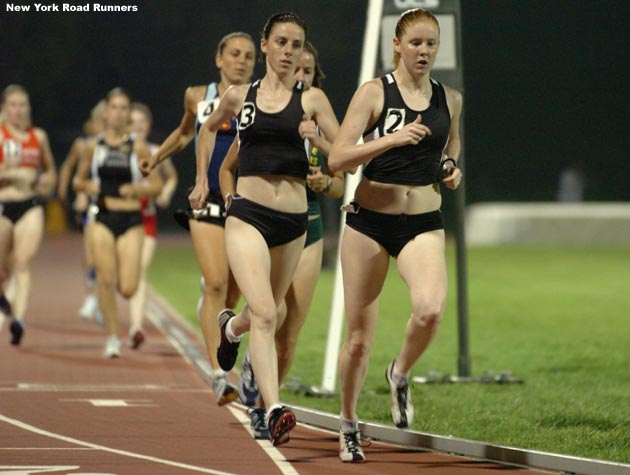 Reebok Boston's Emily Logan leads teammate Erin Dromgoole.