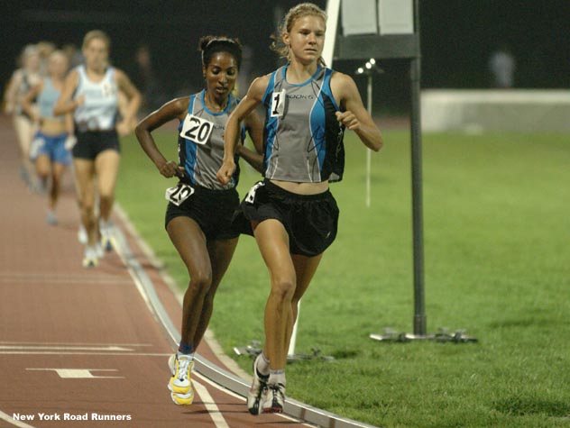 Lindsey Scherf sets the pace, and her Westchester Track Club teammate, Alemtsehay Misganaw, follows.