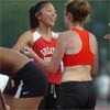 Jen Lee (smiling and being congratulated by a teammate) finished sixth in a PR 2:15.93.