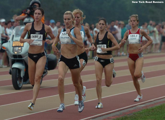 Jenelle Deatherage (left) and Carrie Tollefson took over the pacing duties on the first lap and the rest of the field stayed close behind.