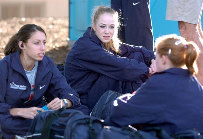 Midwest teammates Alex Banfich (left) and Lindsay Anderson chat before the race.