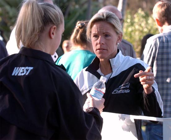 St. Geme's mom, Ceci, who won here in 1980 (she was then known as Ceci Hopp) and went on to have a successful professional career, talks to her daughter before the race.