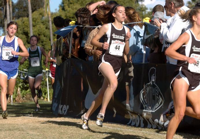 Kauren Tarver, a sophomore at Serrano High School in California, runs in eighth place with about a mile to go.