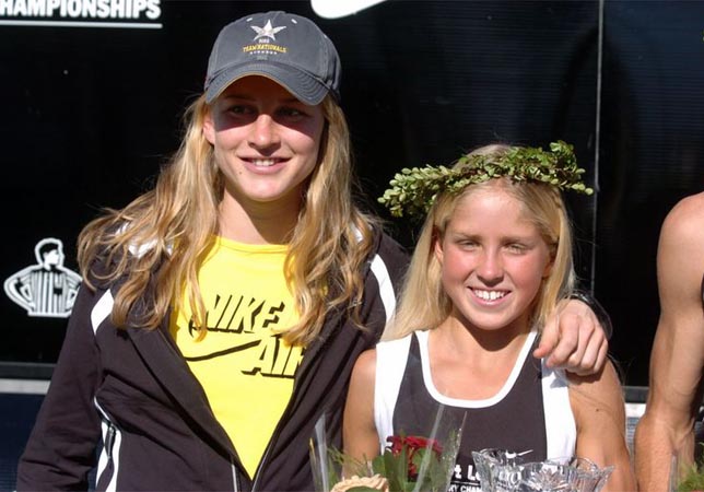 Lauren Fleshman, who finished second here in 1998 and then went on to win four NCAA individual titles, poses with national champion Jordan Hasay.