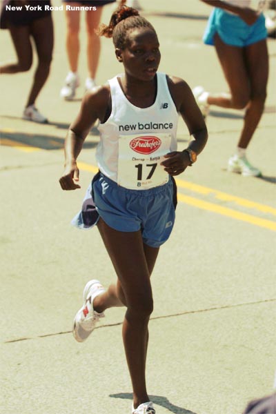 Sharon Cherop, 21, of Kenya warms up for the race.