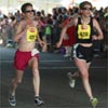 Ann Hird (left, age 46) and Karen Mohr (age 40) battle to the finish.