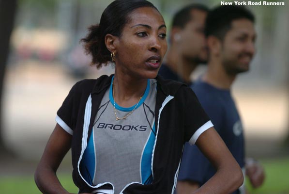 Alemtsehay Misganaw, 24, gets ready to run at the Healthy Kidney 10K. The race featured a professional men's field, but the women's race was comprised of top local runners.