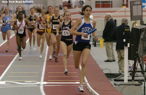 Duke's Meaghan Leon jumps out to a lead on the first lap of the 1,200 meter leg.