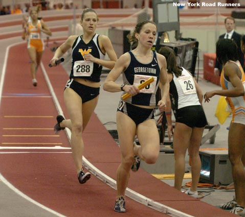 Georgetown's Colleen Kelly and West Virginia's Jennifer Davis run 5-6 with less than a lap to go.