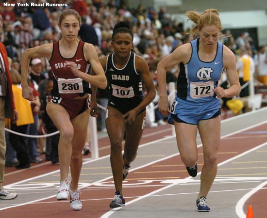 L-R, at the start of the first mile prelim: Lambie, Mary Kamau, and Erin Donohue.