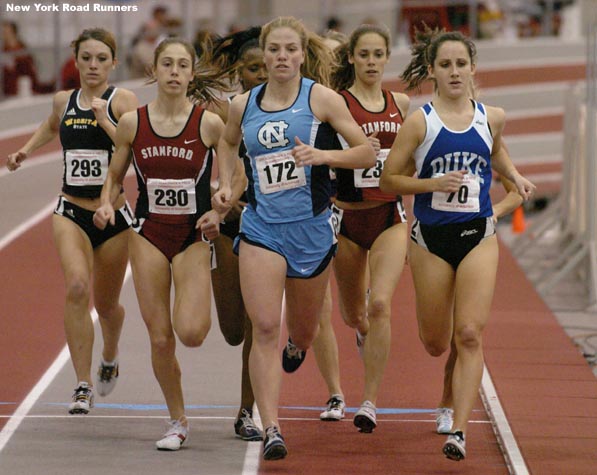 One lap into the race, L-R: Desiraye Osburn, Arianna Lambie, Erin Donohue, Kathleen Trotter, and Shannon Rowbury.