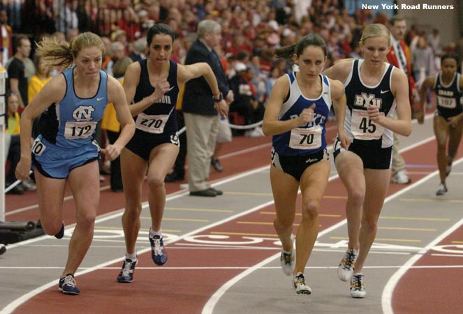 The start of the race. Donohue, Parusheva, Rowbury, and Magill start on the outside of the 