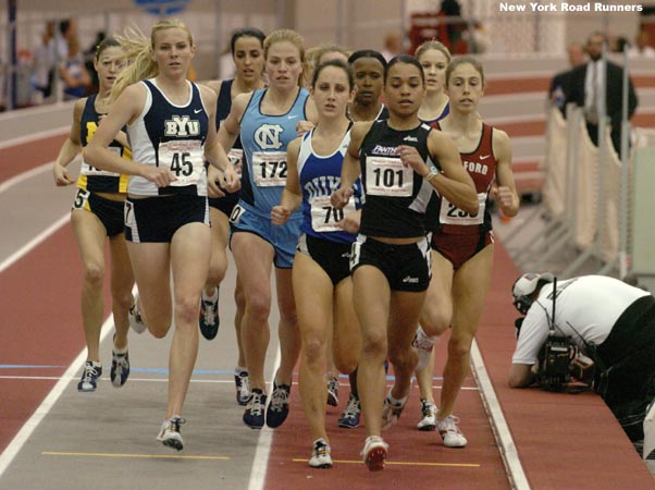 Duke's Shannon Rowbury and Stanford's Arianna Lambie run right on Hess' heels, and BYU's Heidi Magill runs near the front in lane two.