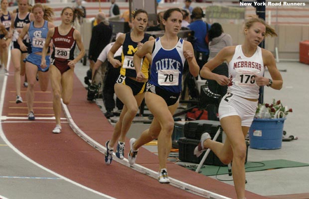 Michigan's Lindsey Gallo moves up into second behind Duke's Shannon Rowbury, and Arianna Lambie drops back to fourth place.