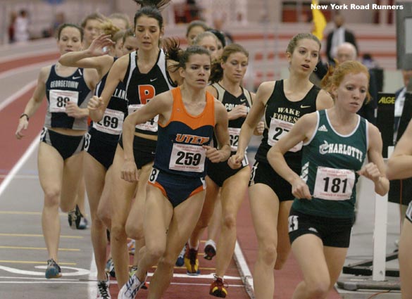 Cack Ferrell and Marina Muncan stumble in the tightly-bunched pack. No one went down here...