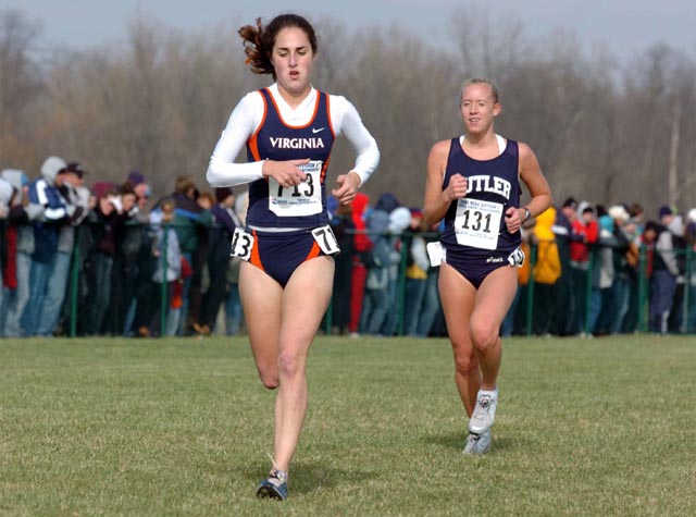 Virginia's Jennifer Dolson leads Butler's Maria Beitel.