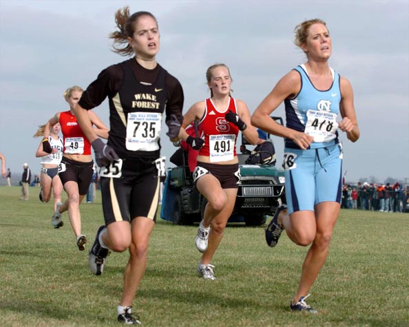 Wake Forest's Erin Franklin (131st, 21:22.6), NC State's Brittany Tinsley (133rd, 21:23.4), and UNC's Cassie King.