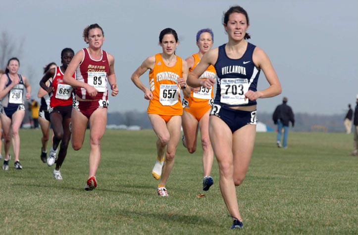 Villanova's Ellen Dougherty (196th, 22:02.4) leads, R-L: Tennessee's Carly Matthews, Leah Soro, and Boston College's Kristen Coon.