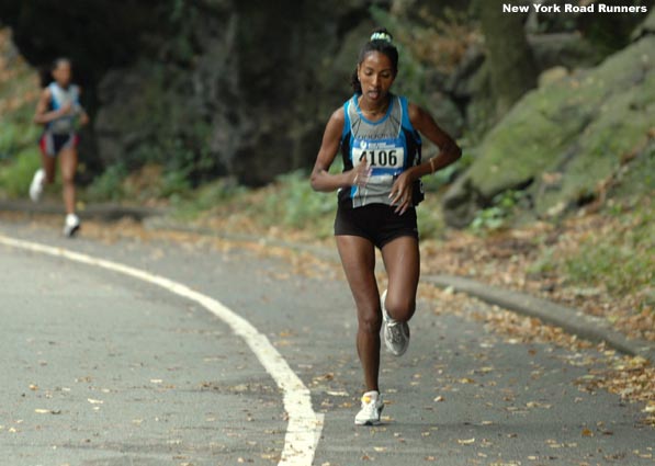 The first mile features a big downhill followed by a big uphill around the north end of Central Park. Though she was working hard, Misganaw made the uphill look easy.