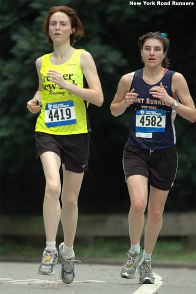 Christina Cathey Schutz (left, 143rd, 38:24) and Elena Rahona (146th, 38:27).