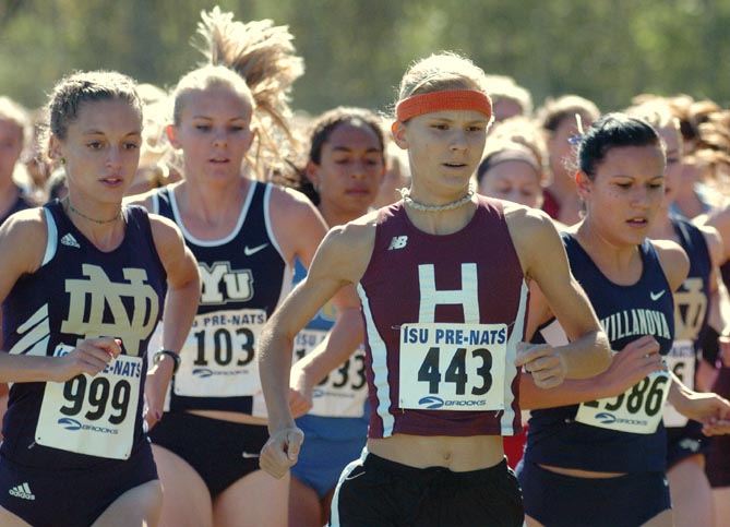 Harvard's Lindsey Scherf runs alongside Notre Dame's Stephanie Madia and Villanova's Marina Muncan.