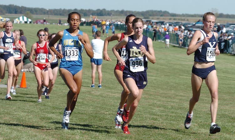 L-R: Ashley Caldwell, Molly Huddle, and Lindsay Donaldson trail the leaders by three seconds.