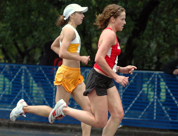 Molly Engel leads Joan Bohlke, 26, of Reebok Boston, who finished 42nd in 36:45.