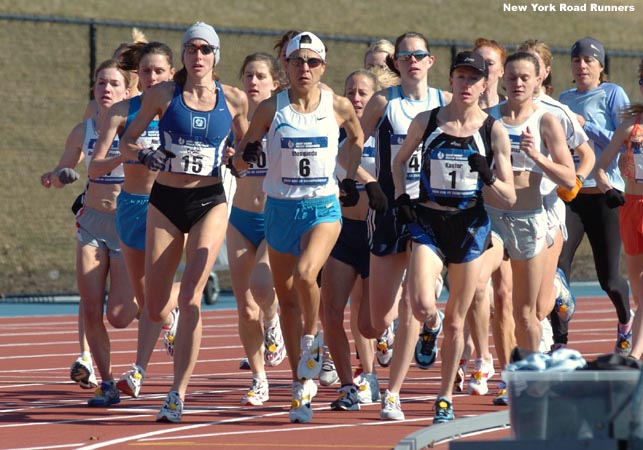 Approximately 400 meters into the race, Jenny Crain, Sylvia Mosqueda, and Deena Kastor were setting the pace.