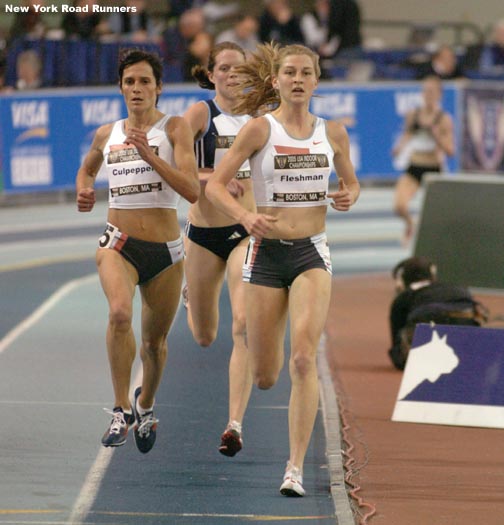 Lauren Fleshman sets the pace with just over two laps to go.