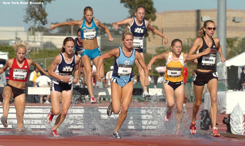 Early in the second heat of the 3,000m steeplechase, L-R: Ann Gaffigan, Rena Chesser, Elizabeth Jackson, Cassie King, Lisa Antonelli, Brianna Dahm, and Dawn Cromer (formerly Cleary).