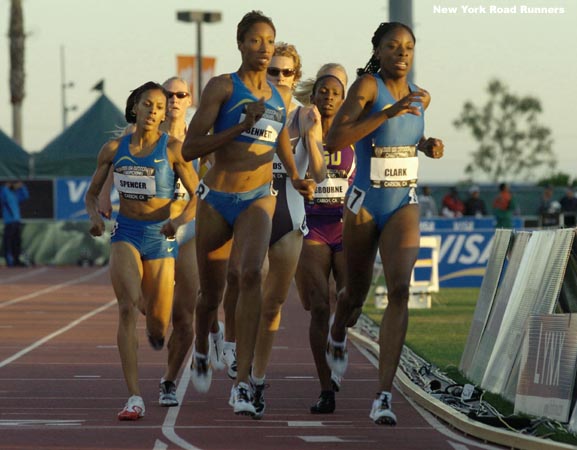 It was pretty dark by the time the women's 800m semis got started. The first round had been cancelled because the field was small. Hazel Clark and Kameisha Bennett led on the first lap.