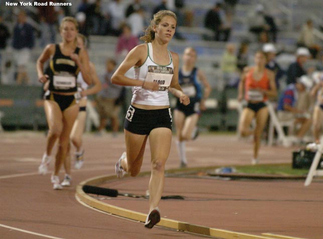 Nicole Blood went to the front at the start of the junior 5,000m. She had run many cross country 5Ks before, but this was her first one on the track.