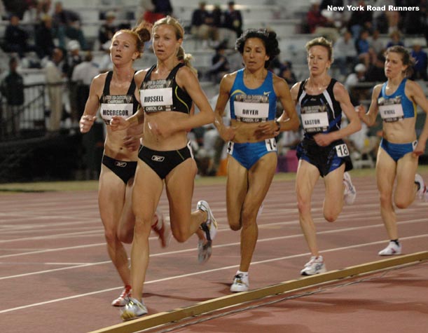 As Blake Russell (and Katie McGregor, on Russell's shoulder) continued to set a quick pace, runners began to drop off the back of the pack one by one.