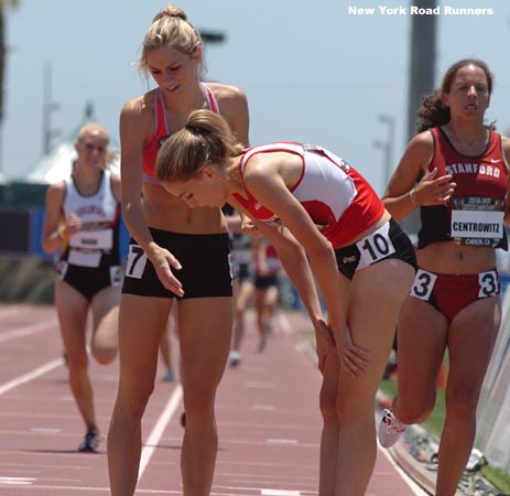 Bowman congratulates Bedell. Both are recent high school graduates. Bowman will run for Tennessee next year, and Bedell will run for Baylor. Lauren Centrowitz (right) finished third in 4:25.11.