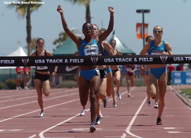 Treniere Clement used a powerful kick on the last lap to win the race in 4:06.73. Jen Toomey finished second in 4:07.39 and Amy Mortimer third in 4:07.58.