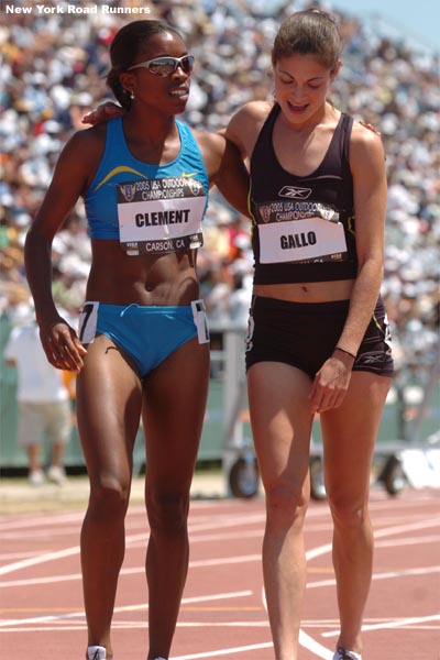 Lindsey Gallo, a recent Michigan graduate who finished a strong fifth in 4:08.60, congratulates Clement.