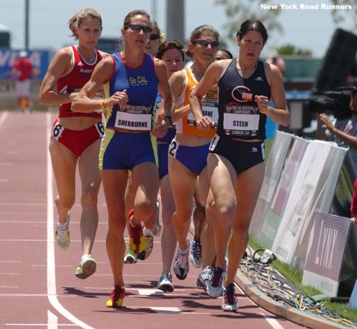 Sunday's running action started off with the masters women's 1,500m. Karen Steen set the pace for most of the race. R-L: Steen, Mary Thane, Carrie Sherburne, and Terri Cassel.