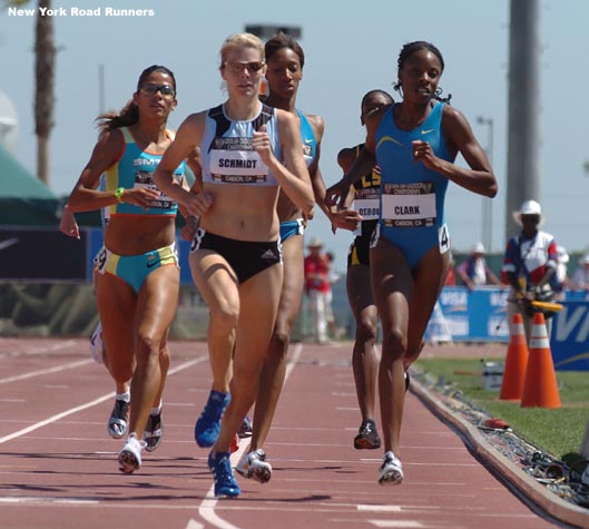 Clark led through 400 meters, but she was challenged on the outside by Alice Schmidt.