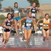 Early in the second heat of the 3,000m steeplechase, L-R: Ann Gaffigan, Rena Chesser, Elizabeth Jackson, Cassie King, Lisa Antonelli, Brianna Dahm, and Dawn Cromer (formerly Cleary).