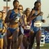 It was pretty dark by the time the women's 800m semis got started. The first round had been cancelled because the field was small. Hazel Clark and Kameisha Bennett led on the first lap.