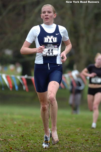 BYU freshman Heidi Magill, still running with only one shoe.