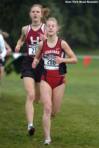 Lindsay Flacks of Stanford leads Lindsey Scherf of Harvard. Flacks wound up fourth in 22:05.4...