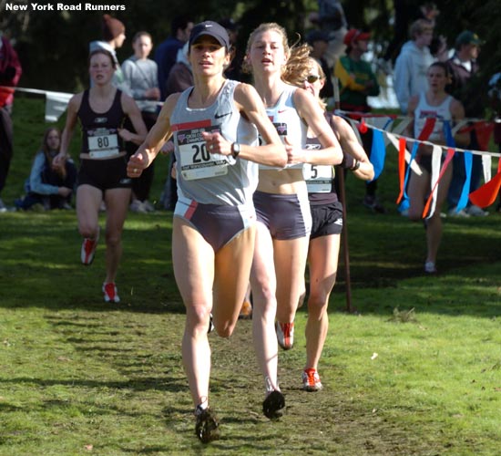 Shayne Culpepper runs in second place, just ahead of Lauren Fleshman and Blake Russell.