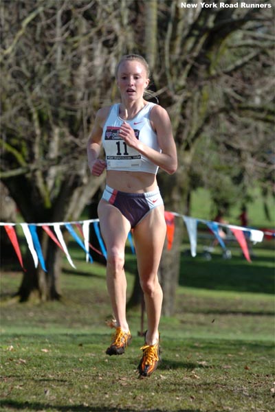 Right around the 3K mark, Shalane Flanagan continued to lead the race...