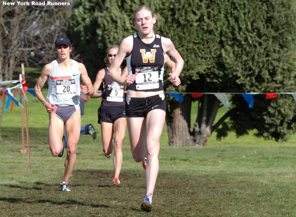 Missy Buttry runs in second place, ahead of Shayne Culpepper and Blake Russell, with about 600 meters to go.