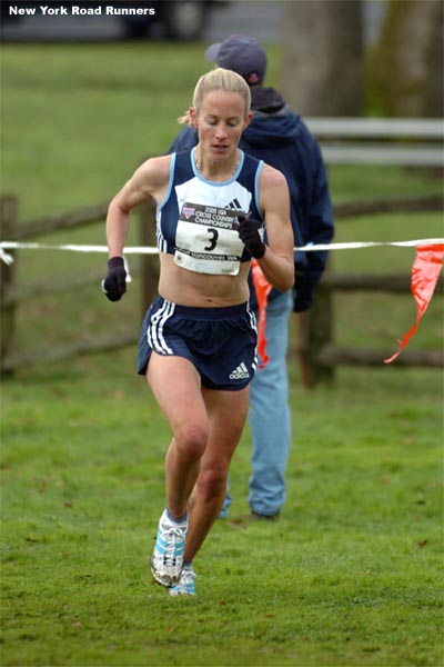 Jen Rhines, 30, finished second in 27:44.7, 20 seconds behind De Reuck.