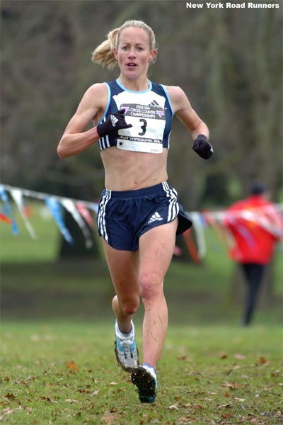 Jen Rhines continues to run in second place. Rhines last ran at the World Cross Country Championships in 2002...