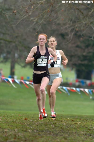 Katie McGregor and Lauren Fleshman run in the fifth and sixth spots with about 3,000 meters to go.